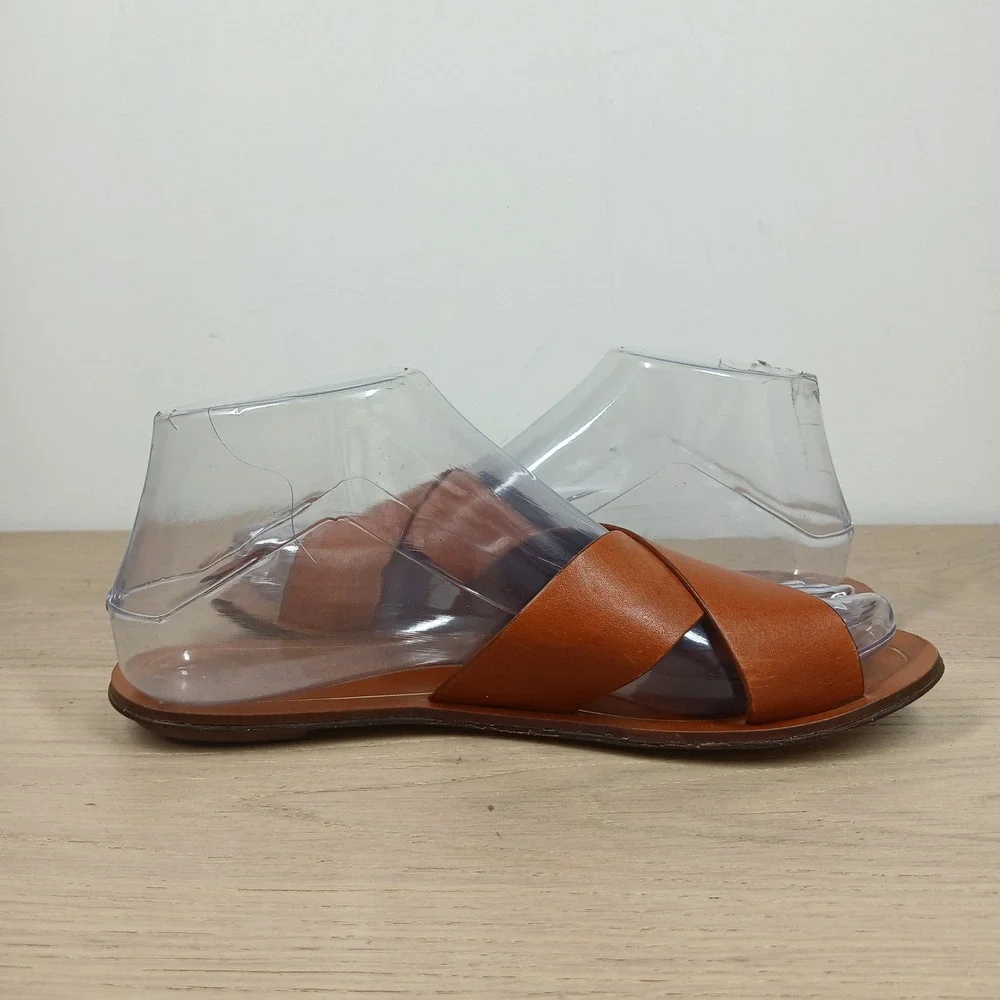 J.Crew Slide Sandals Womens 7 Cognac Brown Leather Crisscross Flat Shoes